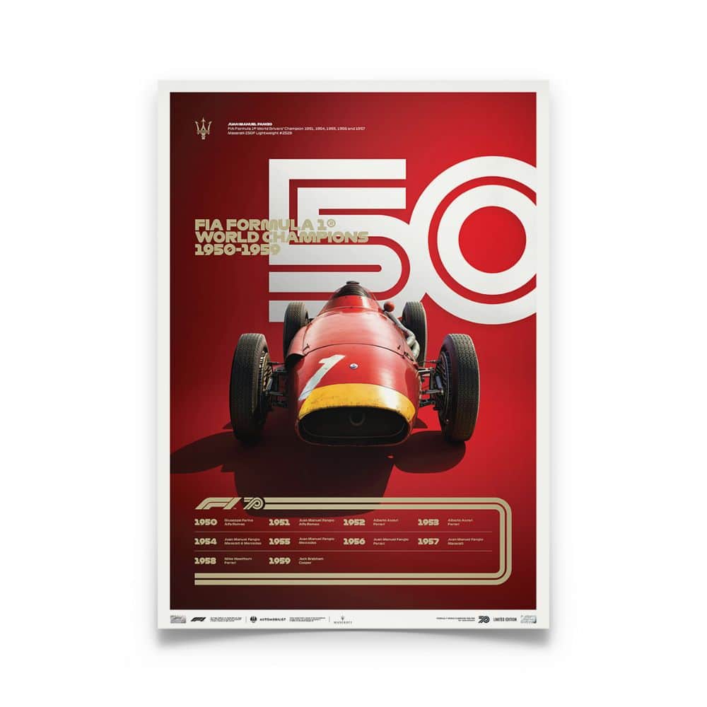 Formula 1® Decades | Juan Manuel Fangio – Maserati 250F – 1950s | Limited Edition poster