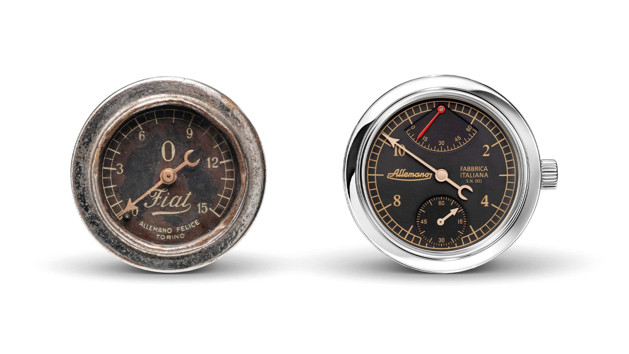 Allemano watch next to a Fiat 501 temperature gauge