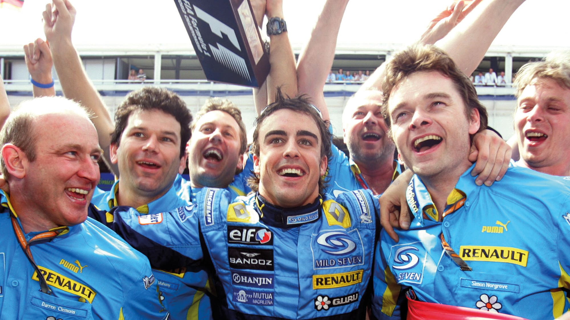 Fernando Alonso celebrates winning the 2006 Spanish Grand Prix at Barcelona