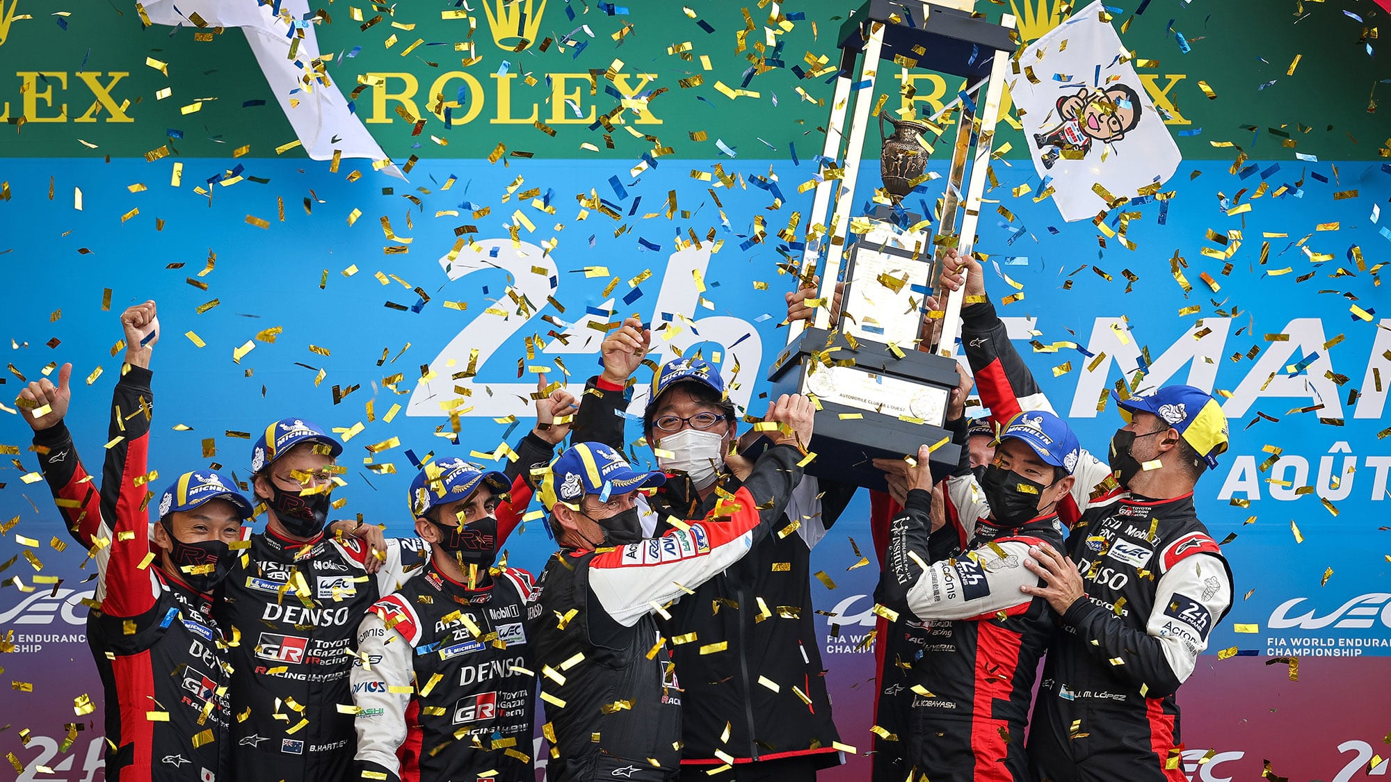 Toyota podium celebration at 2021 Le Mans 24 Hours