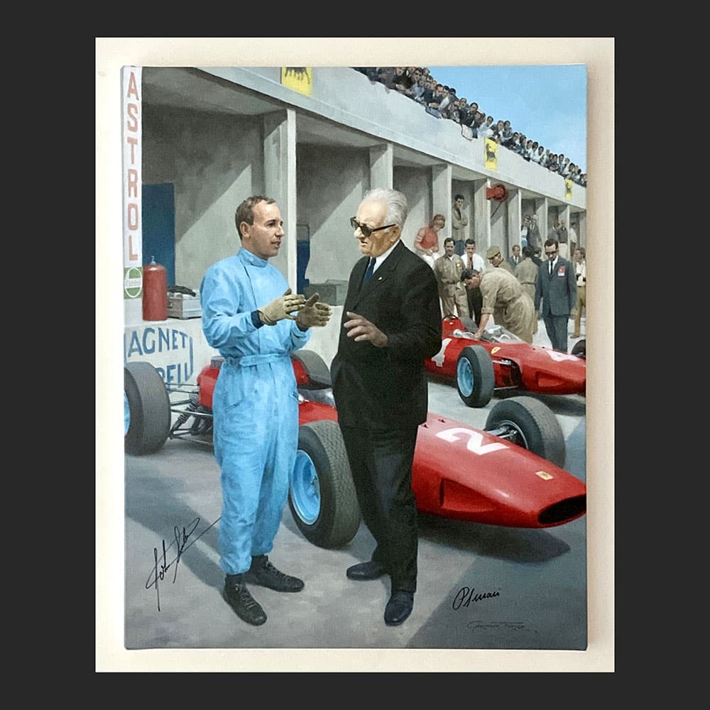 Piero Ferrari & John Surtees signed 'The Monza Meeting' canvas