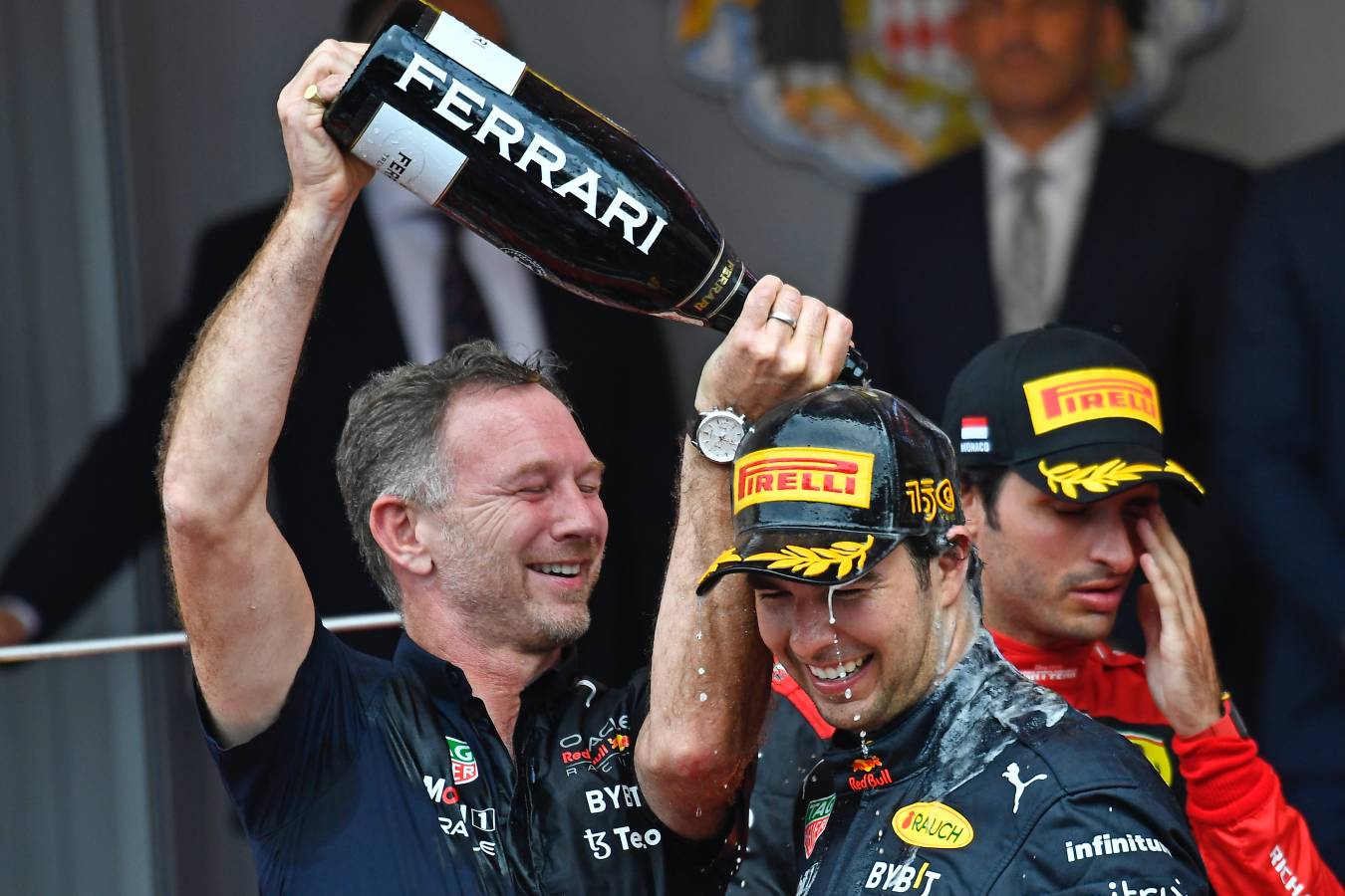 Christian Horner and Sergio Perez celebrate at the Monaco Grand Prix