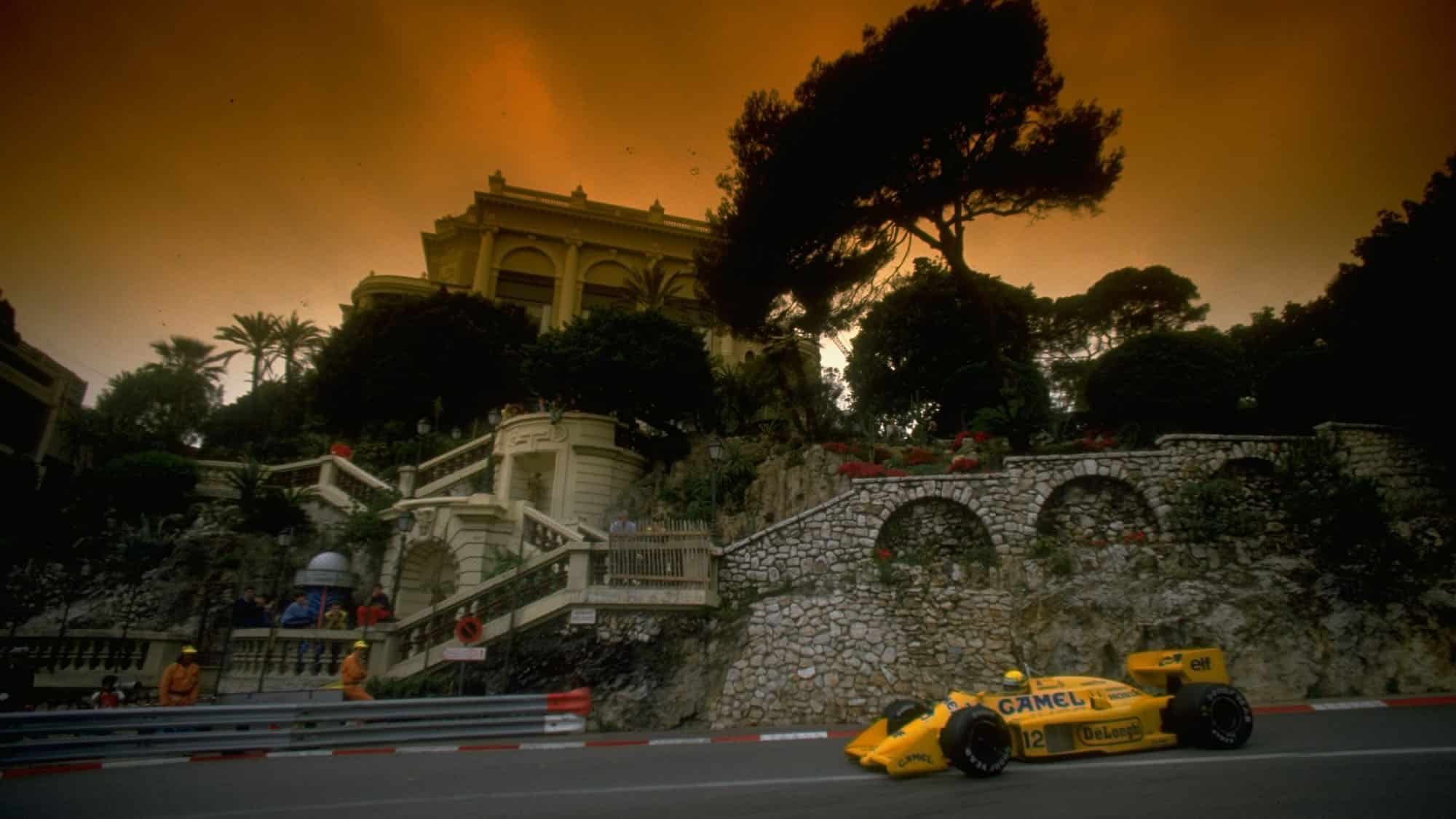 1987: Ayrton Senna of Brazil in action in his Lotus Honda during the Monaco Grand Prix at the Monte Carlo circuit in Monaco. Senna finished in first place. \ Mandatory Credit: Simon Bruty/Allsport