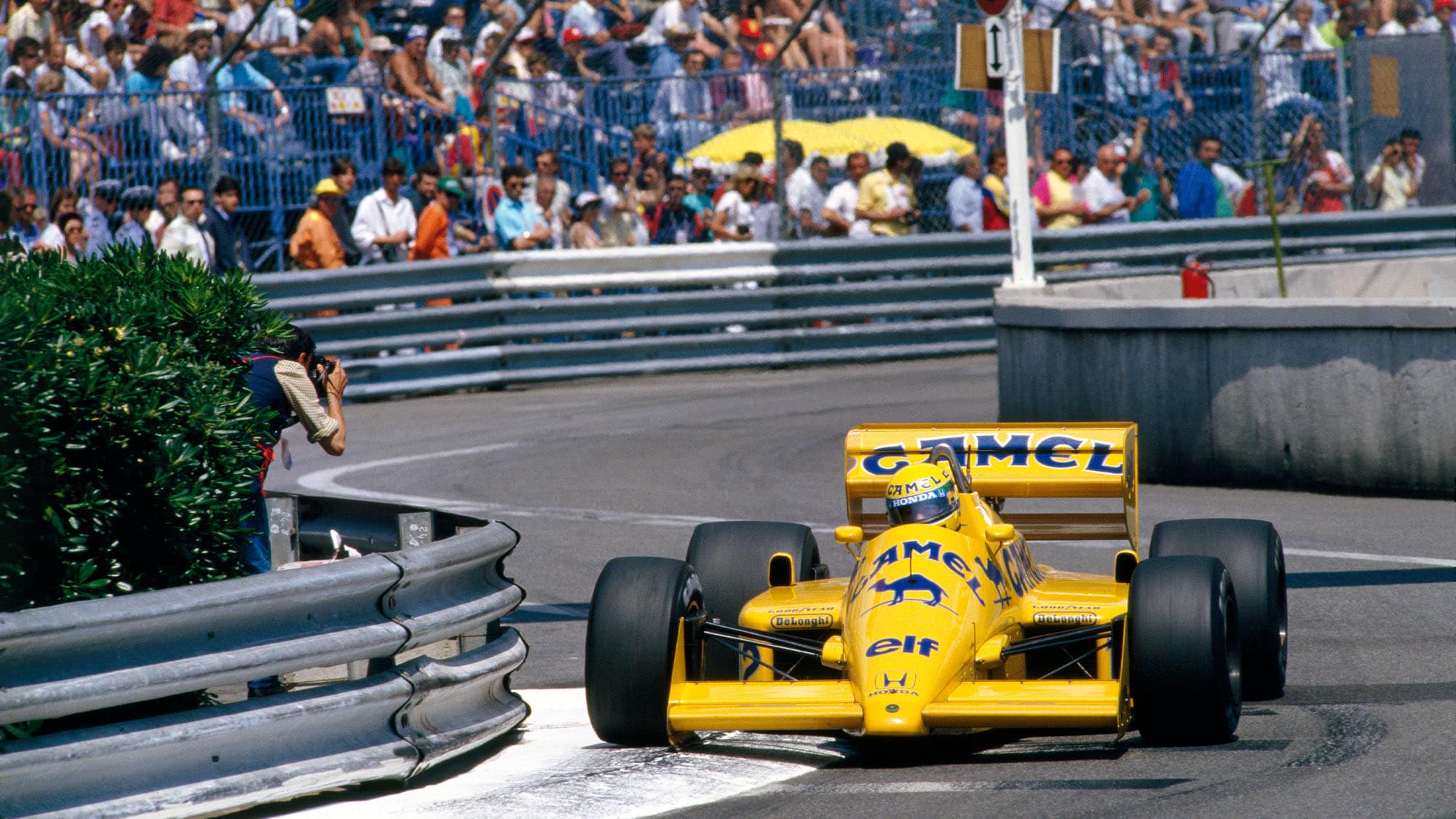 Ayrton Senna with the Lotus 99T-Honda in the swimming pool section, He qualified second but won the race, Monaco Grand Prix, Monte Carlo. (Photo by Nigel Snowdon/Klemantaski Collection/Getty Images)