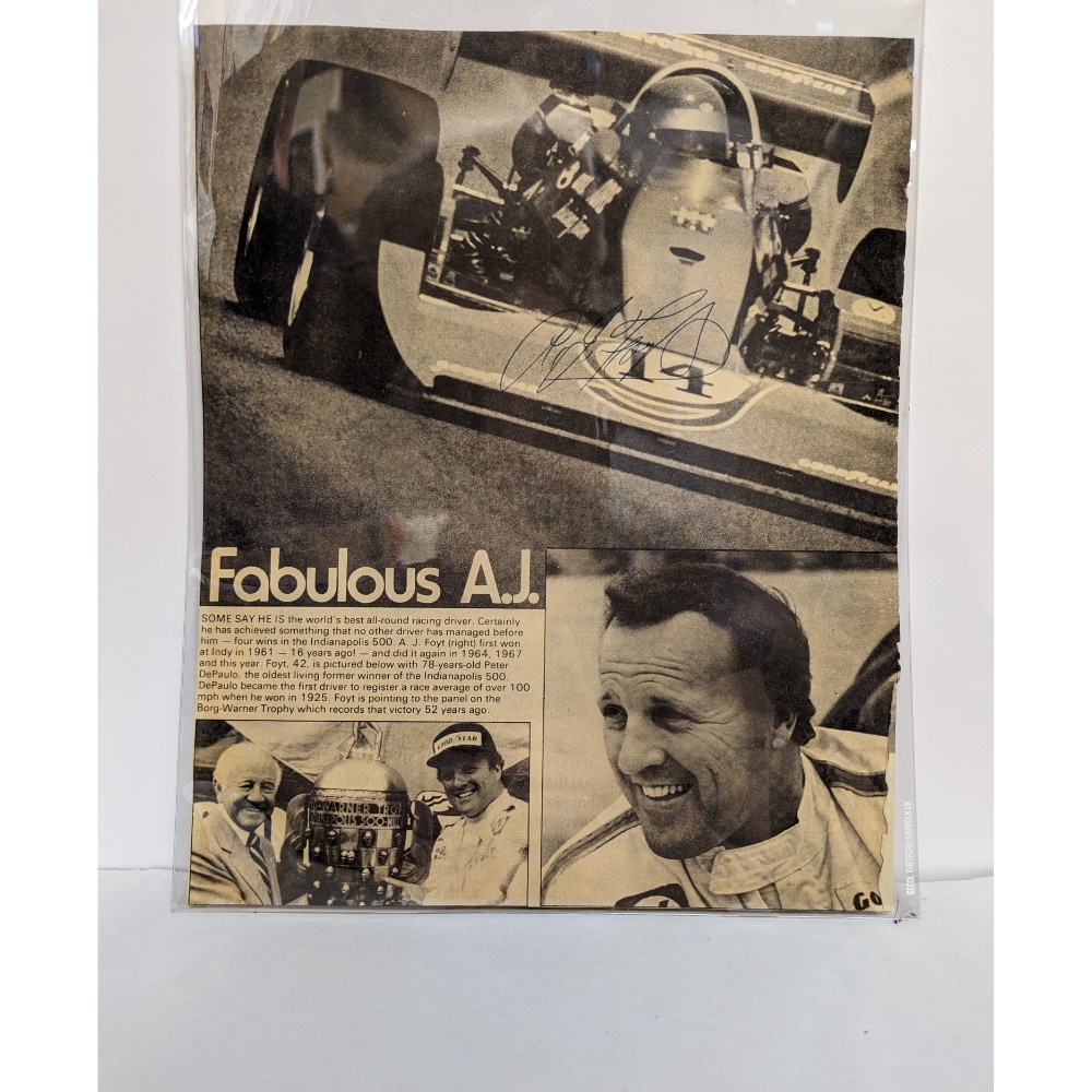 Vintage Signed A. J. Foyt Newspaper Cutting 1977