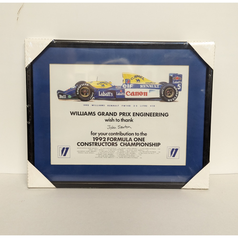 William's Constructors Championship Winners Certificate | Race Engineer John Saxton | Framed Certificate 1992