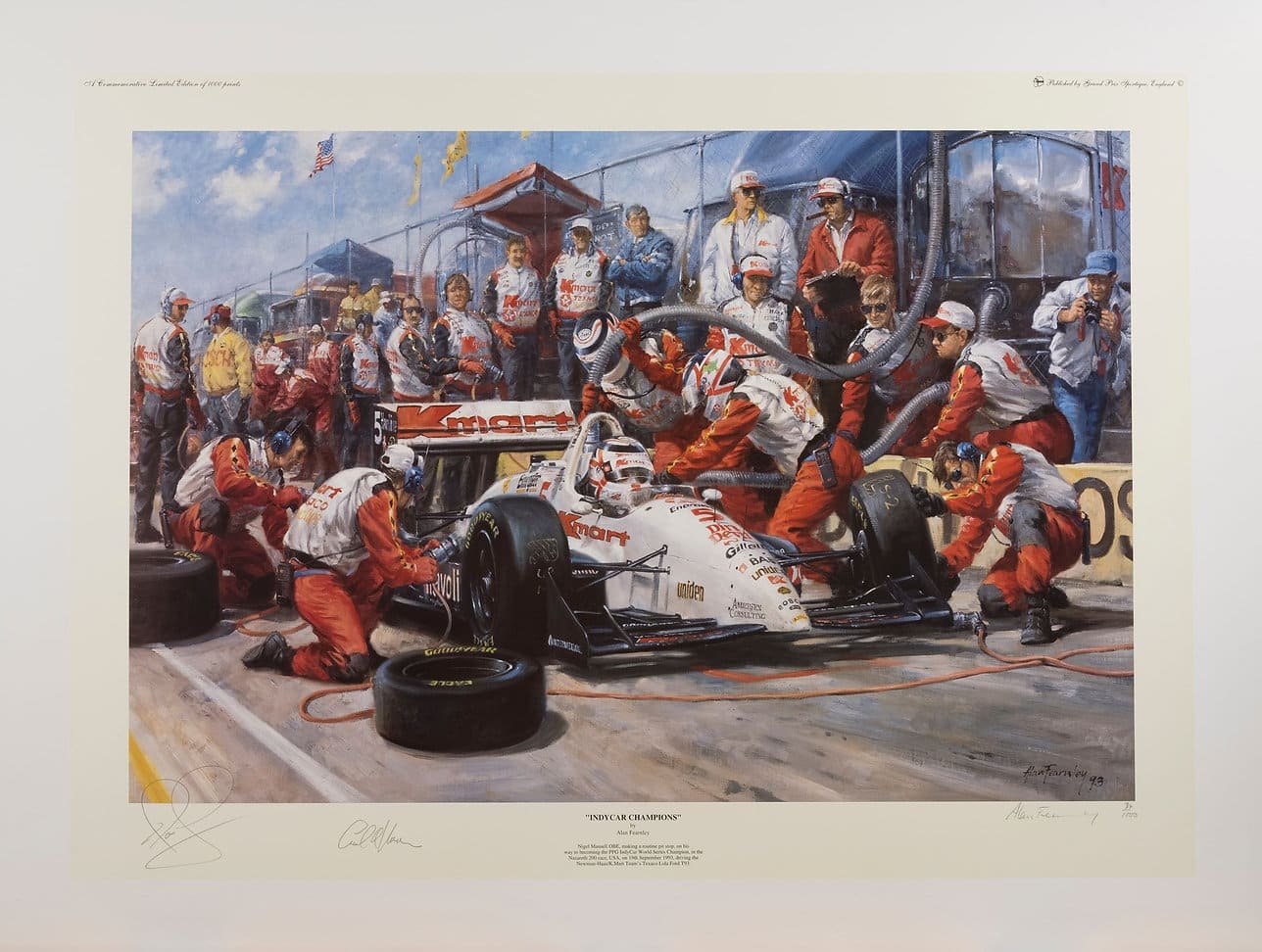 IndyCar Champions by Alan Fearnley, signed Paul Newman, Carl Haas, Nigel Mansell