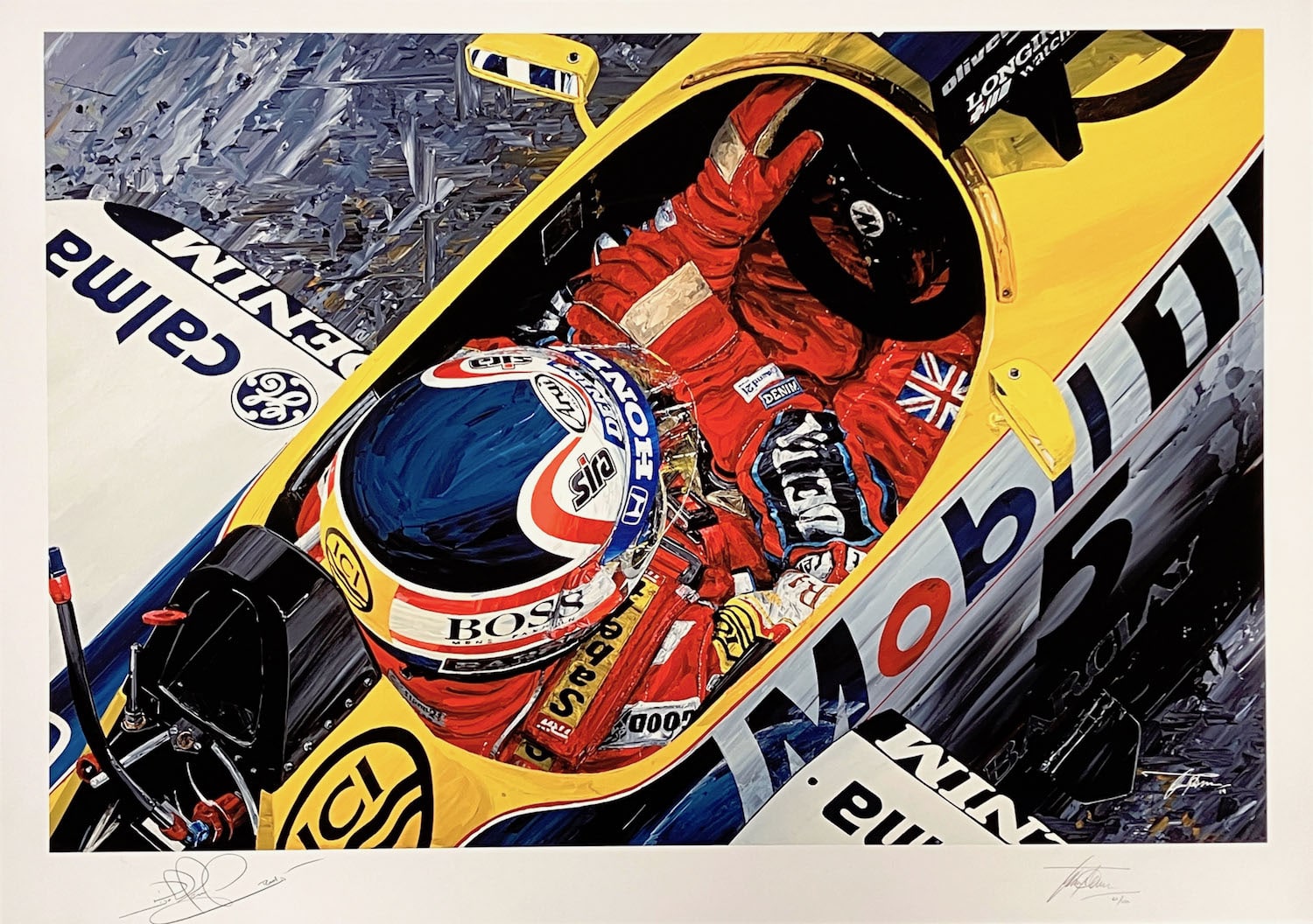 Nigel Mansell signed Williams FW11 art by David Johnson