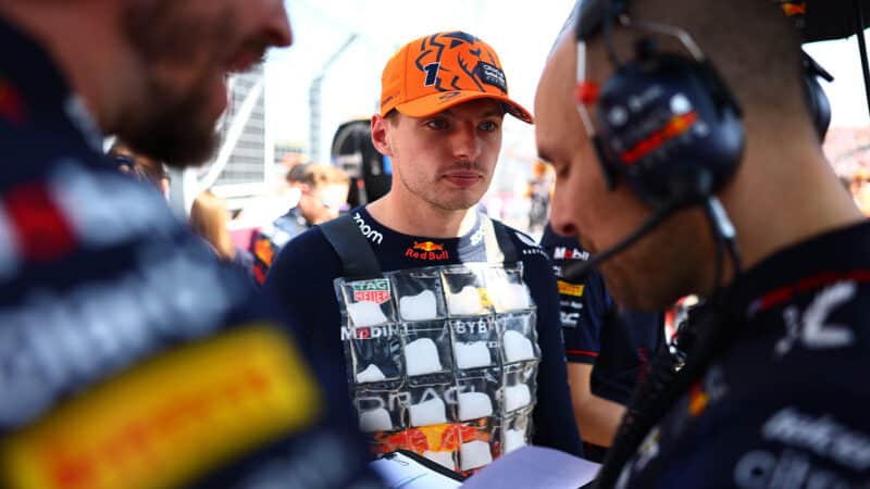 Max Verstappen in ice vest on the grid at 2023 F1 Hungarian Grand Prix