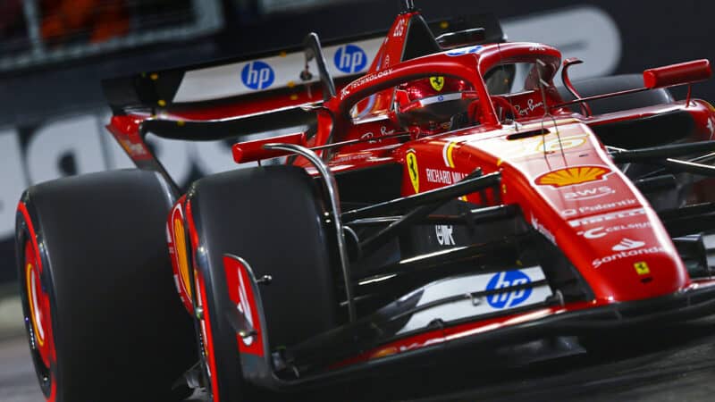 Ferrari F1 car of Charles Leclerc in qualifying for the 2024 Singapore Grand Prix